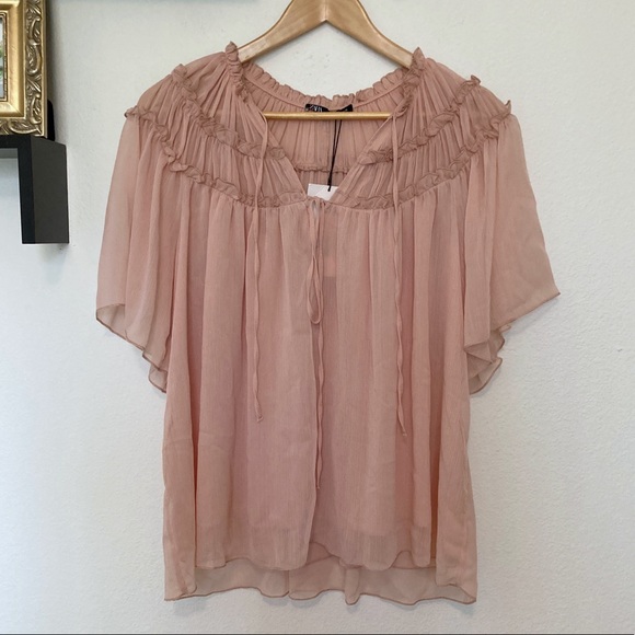 Zara | Tops | Nwt Zara Pink Flowy Ruffle Blouse | Poshmark
